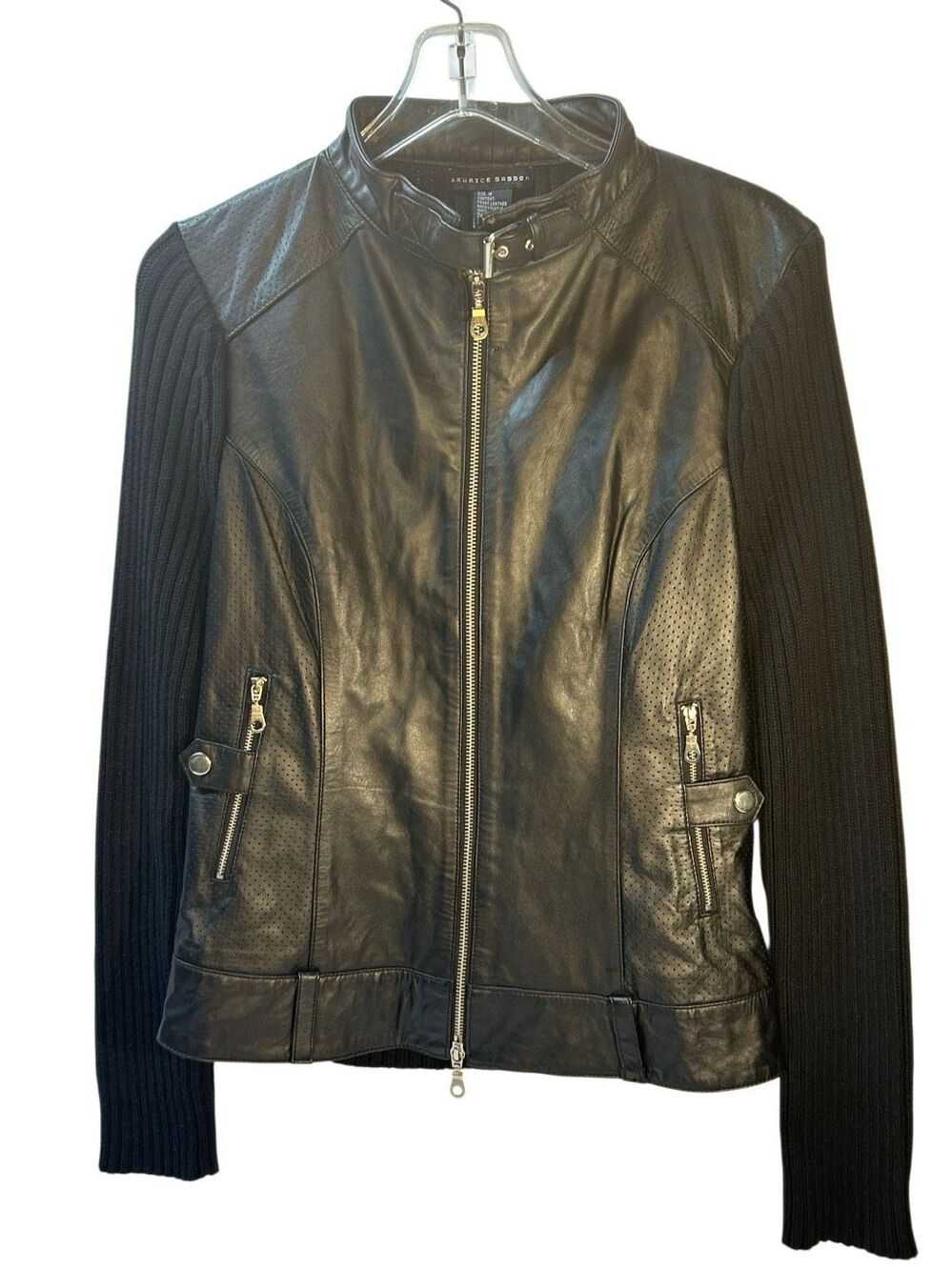 Maurice Sasson VTG Women's M Black Leather Front Ribbed Knit Sweater Jacket Zip